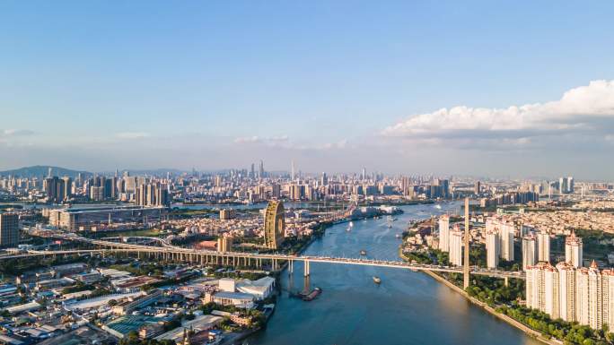 广州圆大厦和东沙大桥延时摄影航拍4k