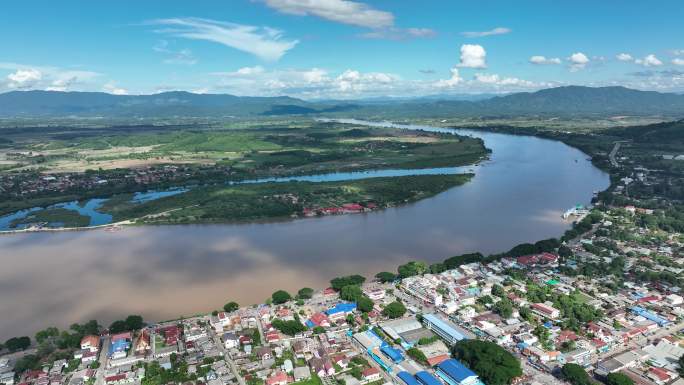 航拍泰国老挝清盛城市湄公河河滨景观