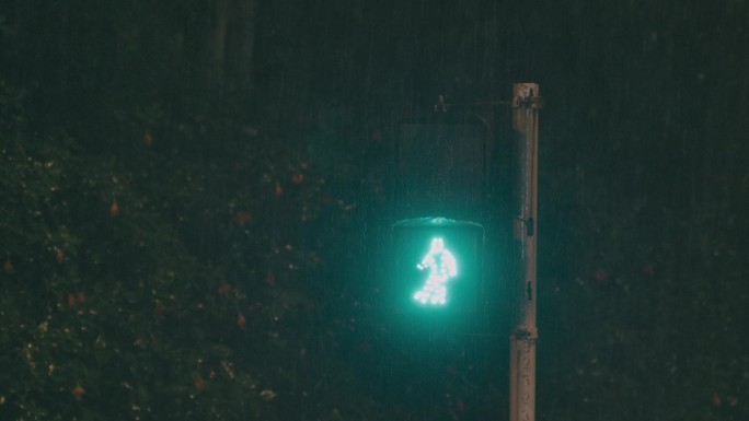 雨夜里闪动的人行道绿灯