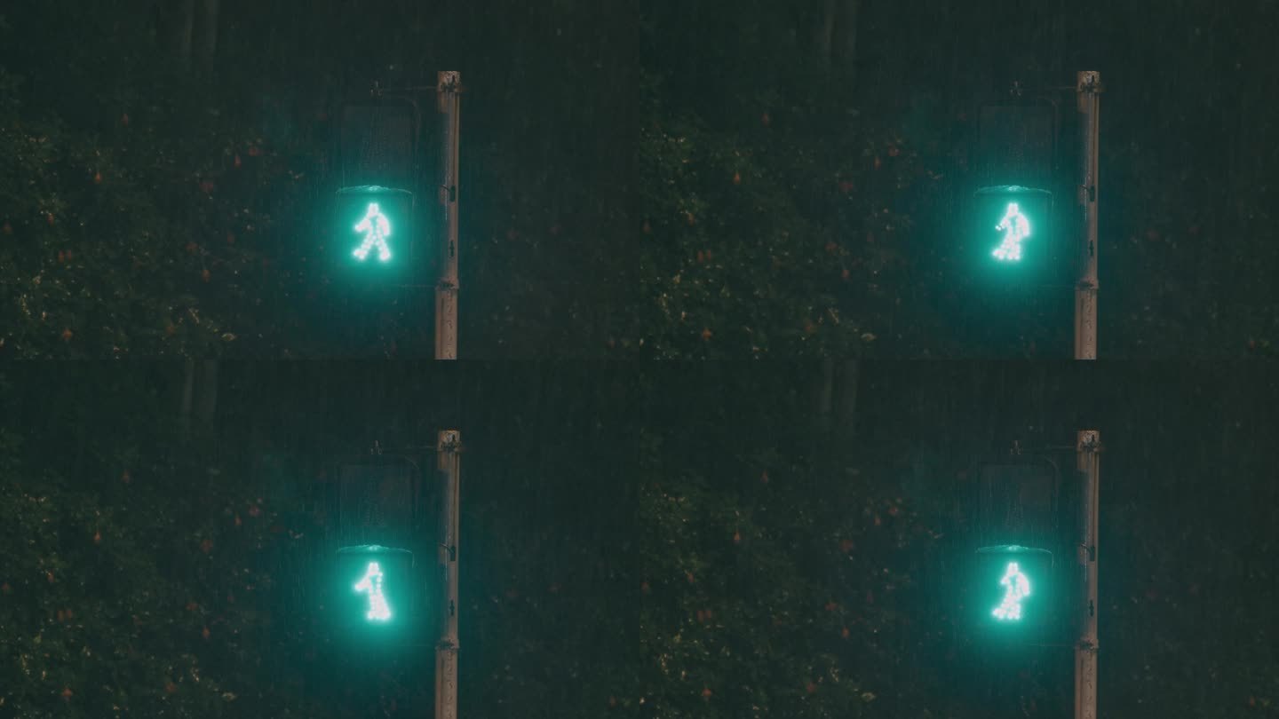 雨夜里闪动的人行道绿灯
