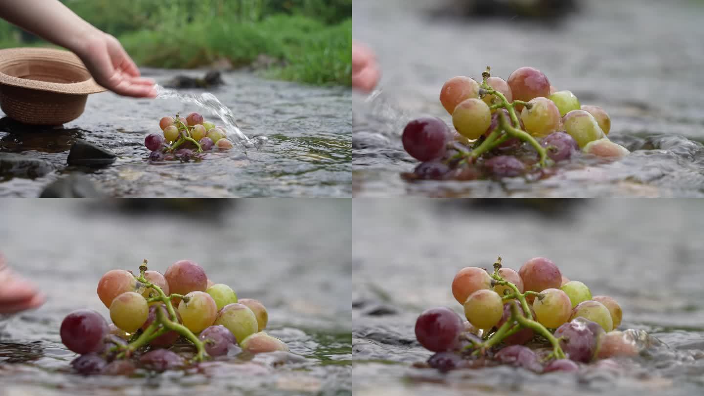 小河河水里清洗水果