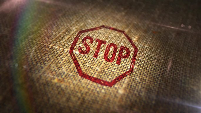 停止和阻止标志邮票在亚麻麻袋循环动画