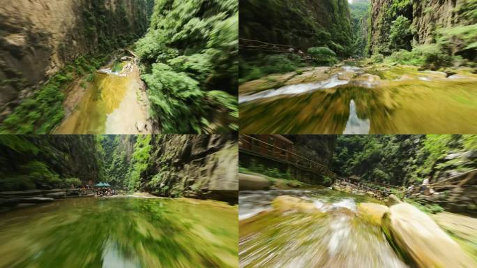 FPV拍摄俯冲飞入八泉峡后飞越溪流