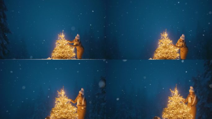 一个女人在白雪皑皑的森林里装饰一棵发光的圣诞树