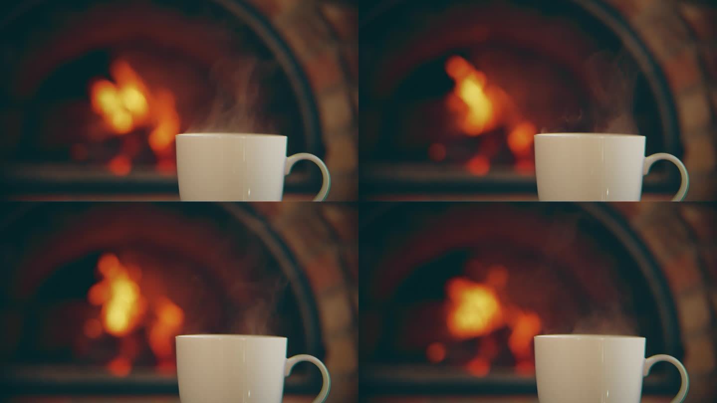 MS Steam从一杯热咖啡中升起，背景是壁炉