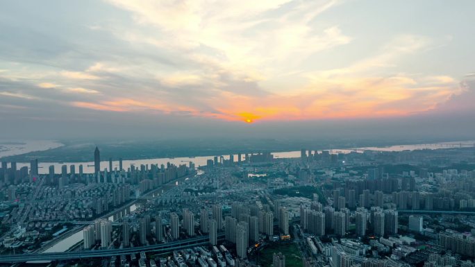 航拍延时芜湖城市滨江落日大景