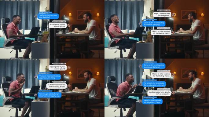 朋友在网上聊天在电脑信使应用程序。气泡中的信息的3D视觉特效动画