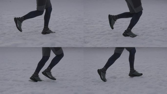 一个面目全非的人穿着运动鞋在雪地里奔跑。在任何天气下跑步。在冰天雪地里慢跑者的脚。天天跑步健身，风雨