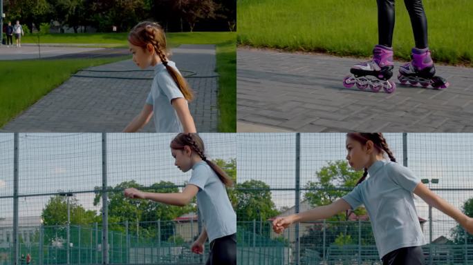 在公园的运动场上，小女孩正在热情地学习溜冰