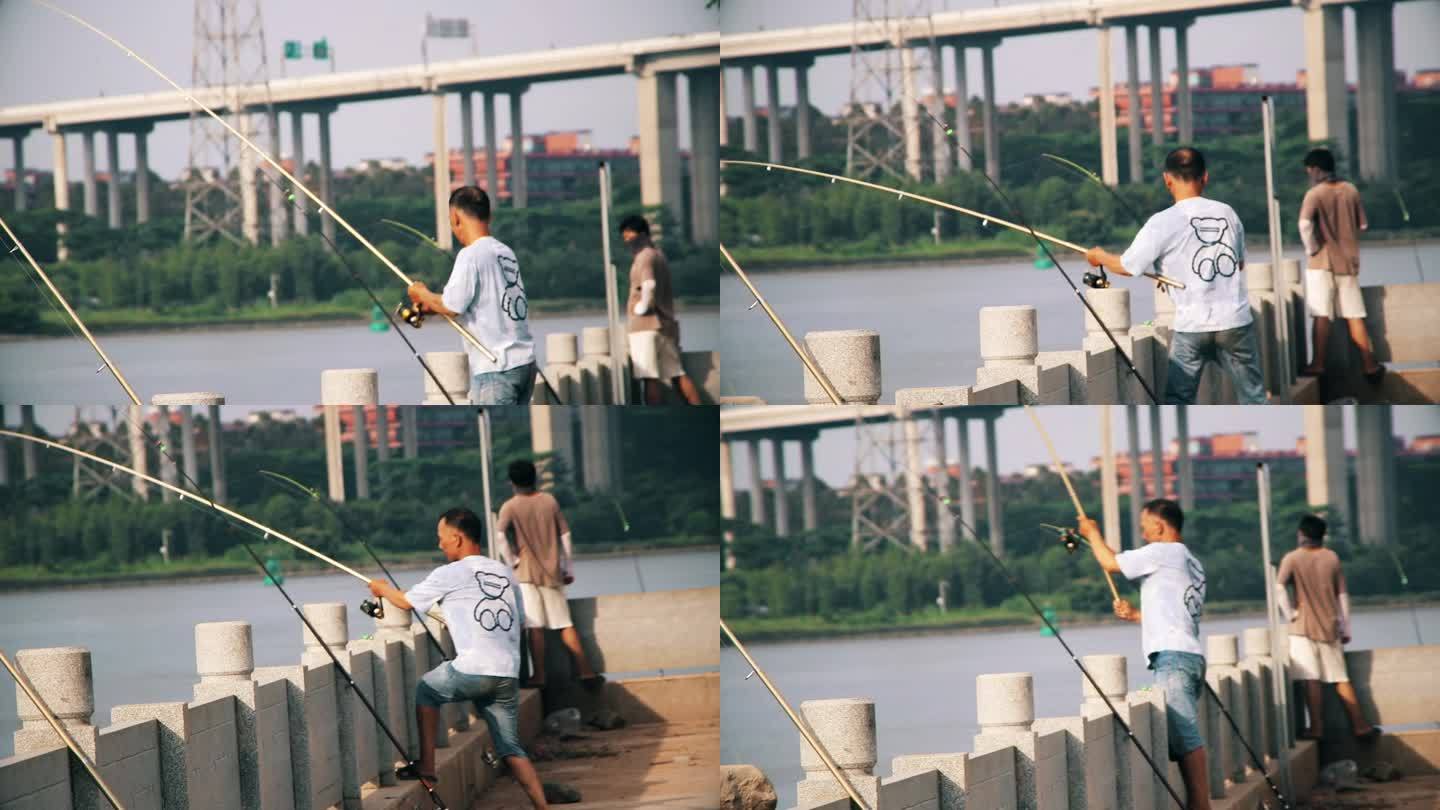 钓鱼起勾鱼上钩状态拉杆江边钓鱼河边收网