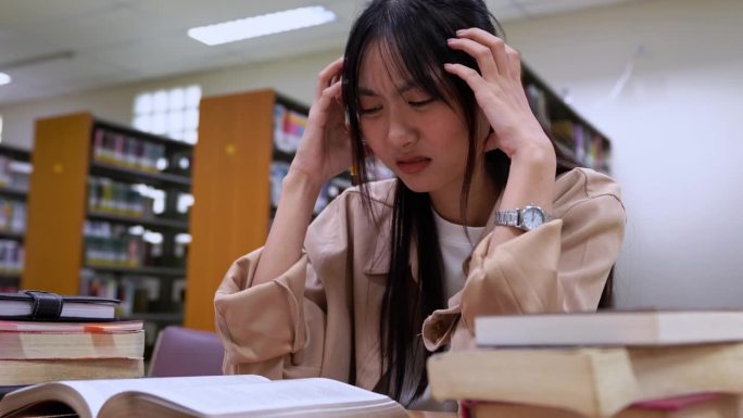 焦虑的年轻亚洲女子在大学图书馆阅读有关家庭作业的书籍时，手放在头上，感到疲惫和压力
