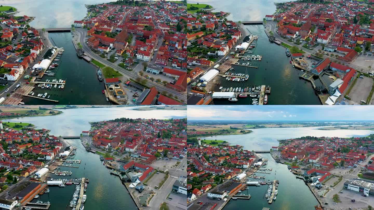古老的丹麦小镇在Funen -无人机飞离小镇
