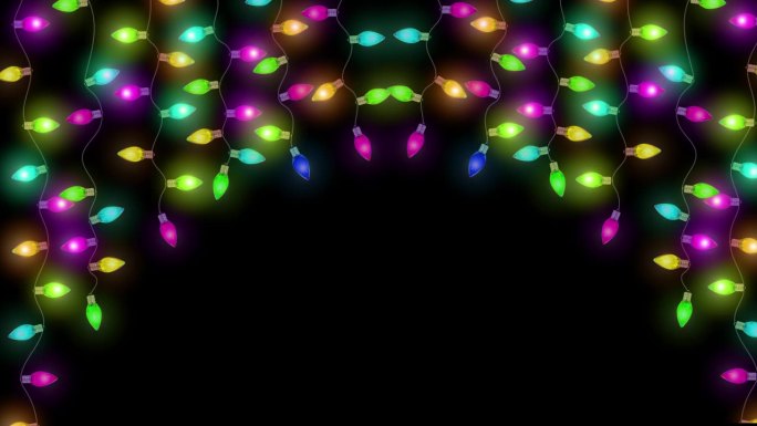 4K彩色灯泡串。循环圣诞主题框架图案。闪烁的