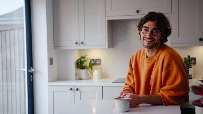 戴着眼镜的微笑年轻人坐在家里的厨房柜台上喝着热饮