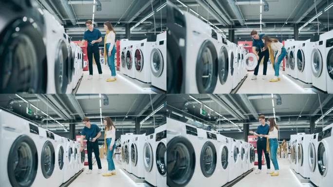 年轻女顾客在挑选洗衣机时与家电商店店员接触。时尚女人追求高品质的家电。顾客评价现代洗衣解决方案