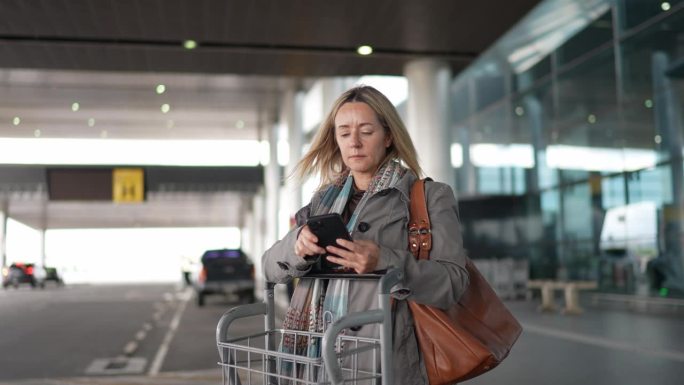 成熟女性在机场候机区叫出租车并使用手机