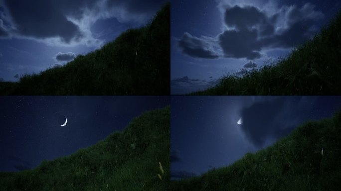 草原夜晚月亮圆缺变化延时
