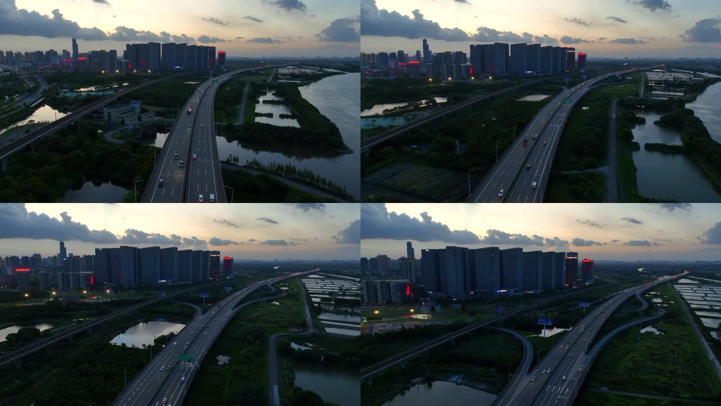 傍晚航拍顺德广珠西线高速车流