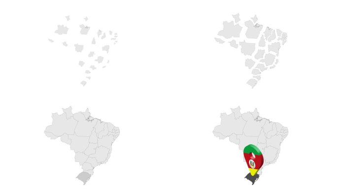 南里奥格兰德州在巴西地图上的位置。3d南里奥格兰德州旗帜地图标记位置针。巴西地图显示了不同的部分。巴