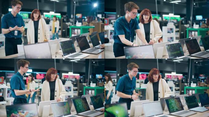 一位高级妇女在家用电器商店挑选笔记本电脑时与售货员交谈。老客户想买一台电脑设备。购物者探索最新的选择