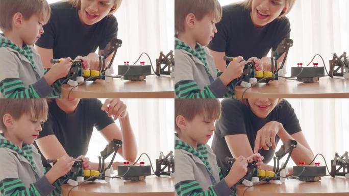 年轻的保姆照顾可爱的小男孩，在家帮忙组装和修理机器人玩具。教师协助小学生在课堂上学习力学知识。增强想