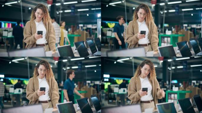 一位快乐的西班牙裔妇女使用智能手机，在在线社交媒体应用程序上与朋友发短信。客户在家用电器商店购买笔记
