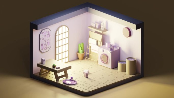 3D动画循环低聚洗衣房漆成紫色，等距视图