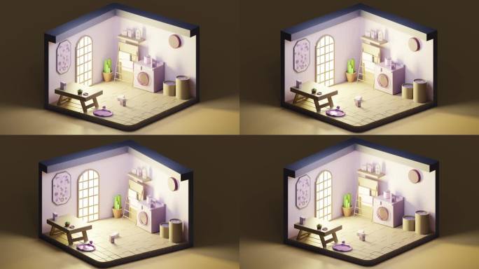 3D动画循环低聚洗衣房漆成紫色，等距视图