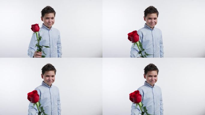 可爱的男孩送了一朵红玫瑰