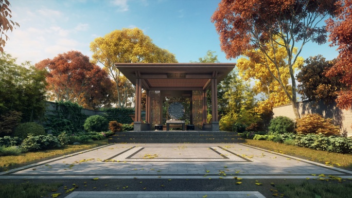 中式园林庭院景观—秋三维动画