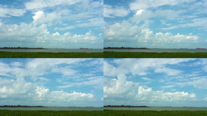 4K原创实拍江海上的货轮蓝天白云延时摄影