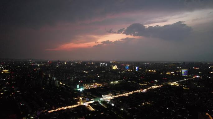 山东淄博晚霞城市夜幕降临夜景灯光航拍