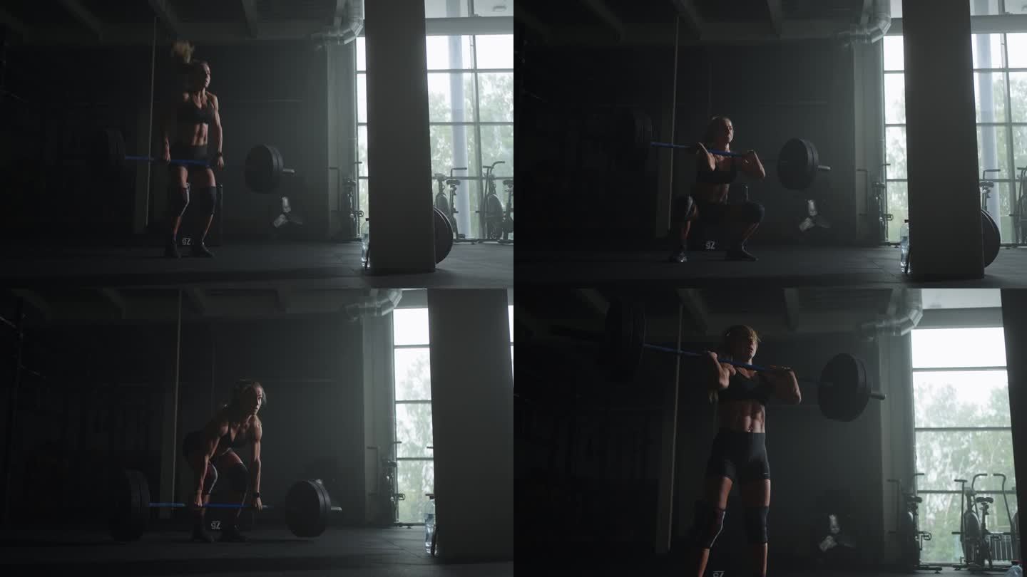 在黑暗健身俱乐部举重和硬举训练，女运动员举重杠铃