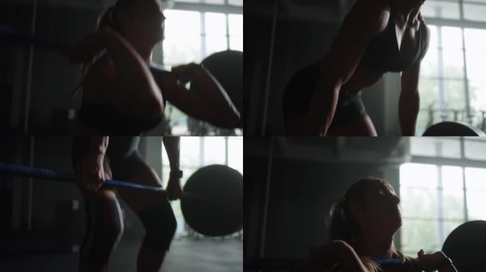 女子力量举重运动员在健身房举起沉重的杠铃，手在杠铃上的细节视图，身体和脸
