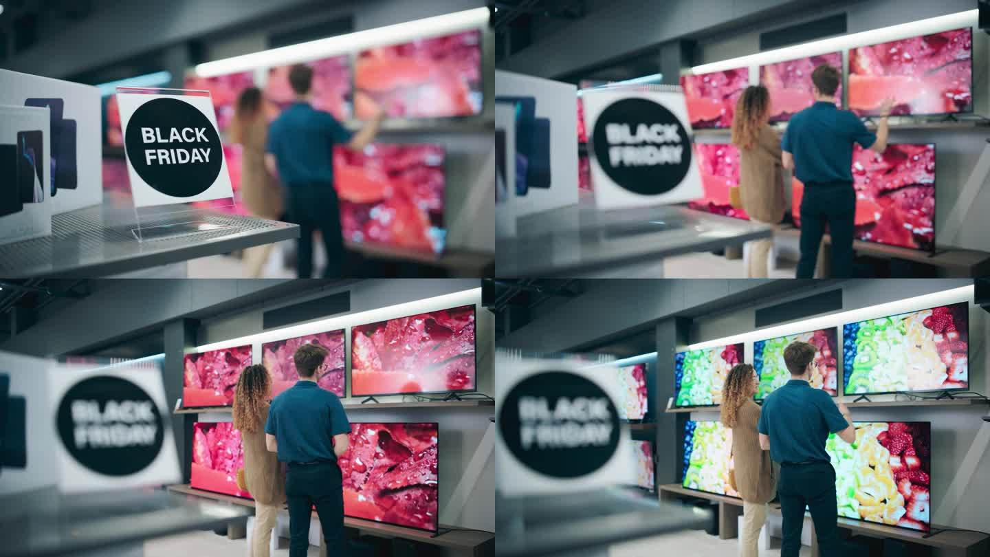 现代零售电子商店在黑色星期五销售活动。想买一台智能平板电视的女性。顾客探索折扣电视，由细心的销售团队