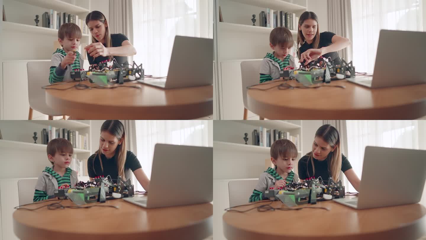 年轻的保姆或姐姐照顾可爱的男孩，帮助组装和修理机器人玩具在家里。教师协助小学生在科学课堂上学习力学、