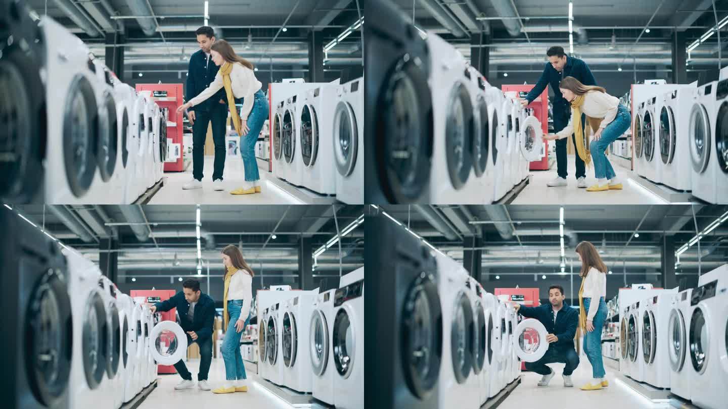 年轻的多民族夫妇在家电商店选购洗衣机。二人购买洗衣用具。顾客评价当代零售商店的现代洗衣解决方案
