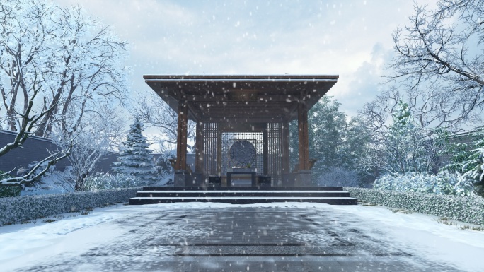 中式园林庭院景观—冬三维动画