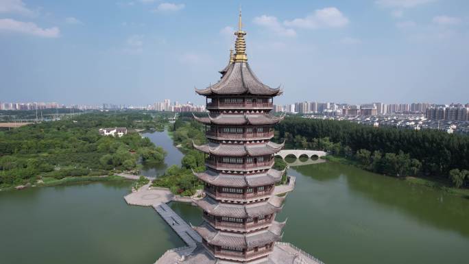 江苏宿迁城市地标建筑九龙七凤宝塔航拍