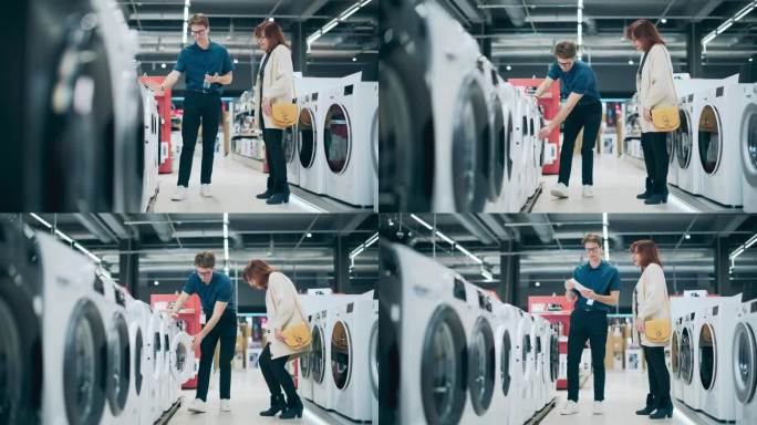 高级女顾客在挑选洗衣机时与家电商店店员接触。寻求高品质家电的中年妇女。顾客评价现代洗衣解决方案