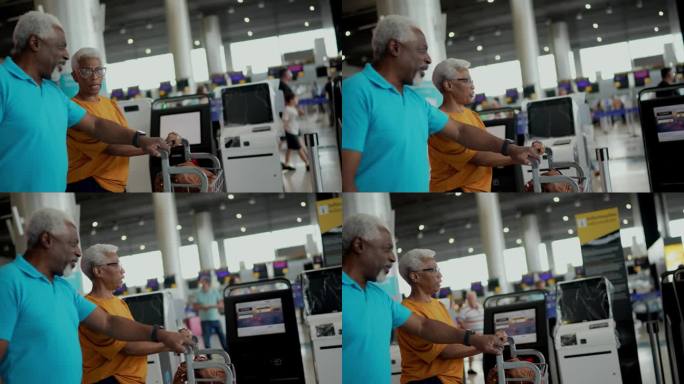 老年夫妇在机场边走边聊行李车