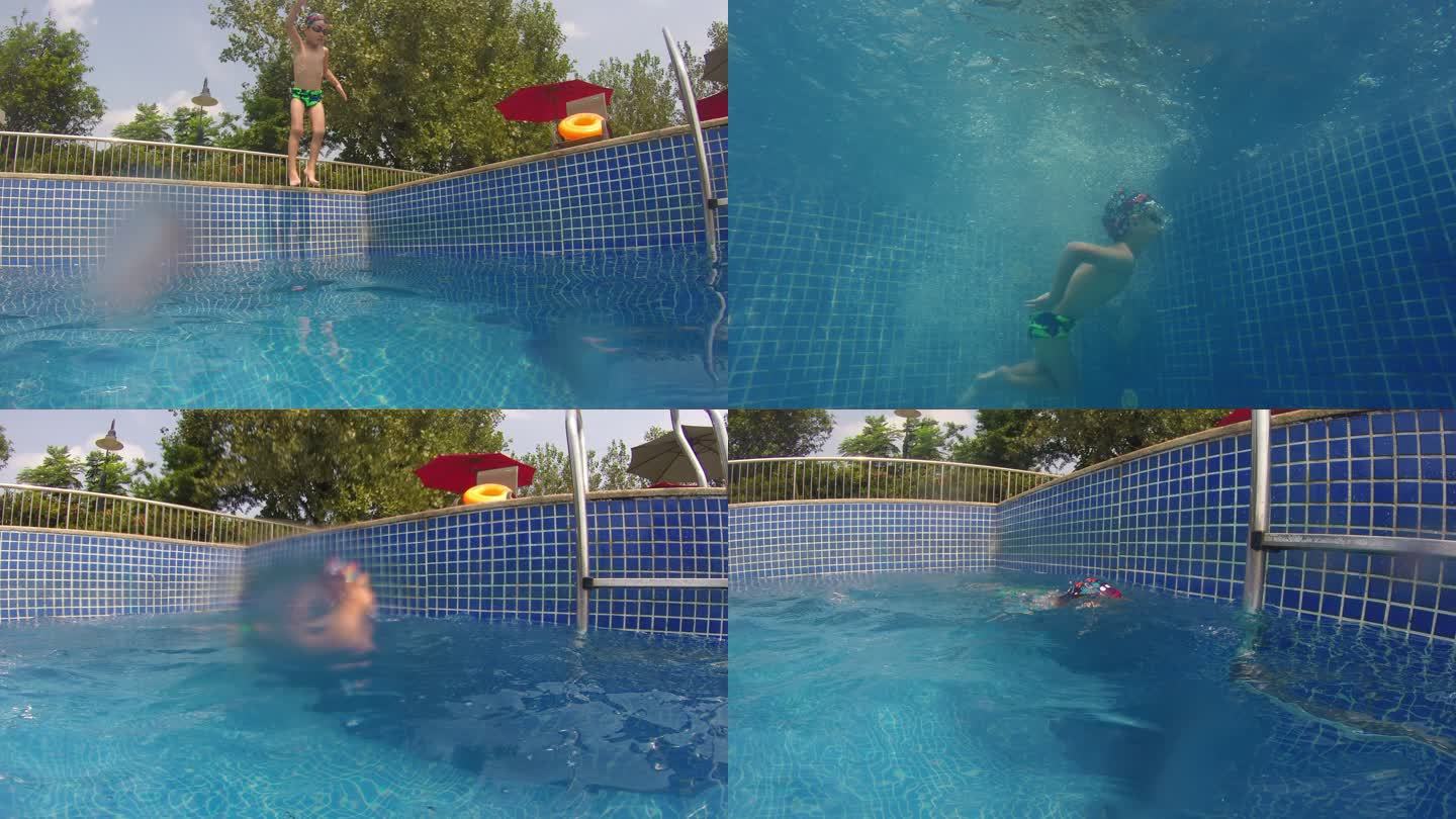 水下拍摄小男孩跳水游泳潜水