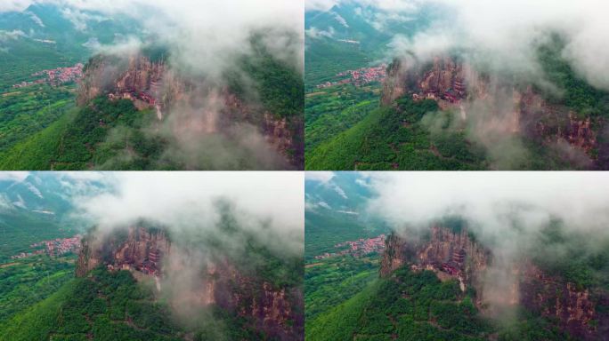 烟雾缭绕的山顶寺庙延时航拍