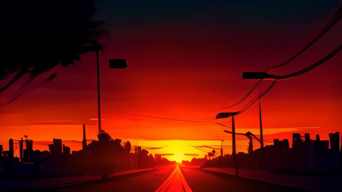 卡通风格 夕阳下的村庄道路 电线杆 4K