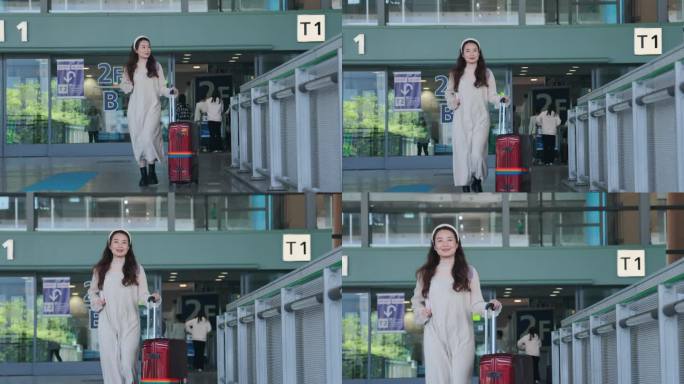 一名亚洲女性刚下飞机，正推着行李走出日本关西国际机场。