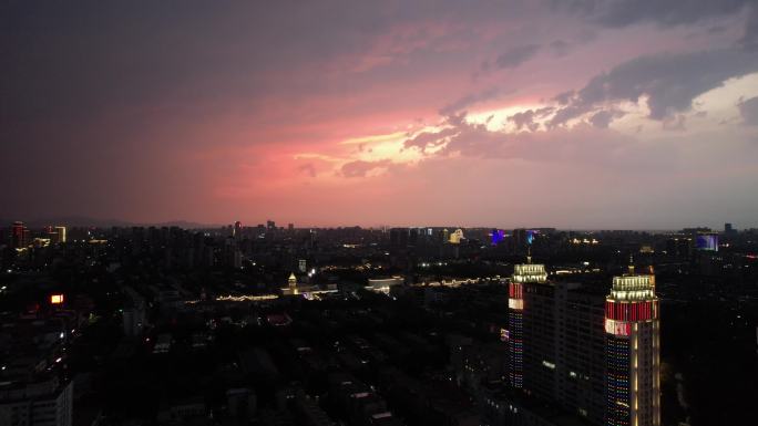 山东淄博晚霞城市夜幕降临夜景灯光航拍