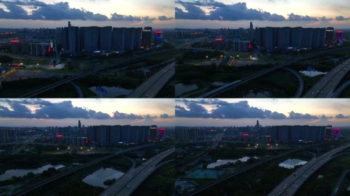 傍晚航拍顺德广珠西线高速车流城际铁路