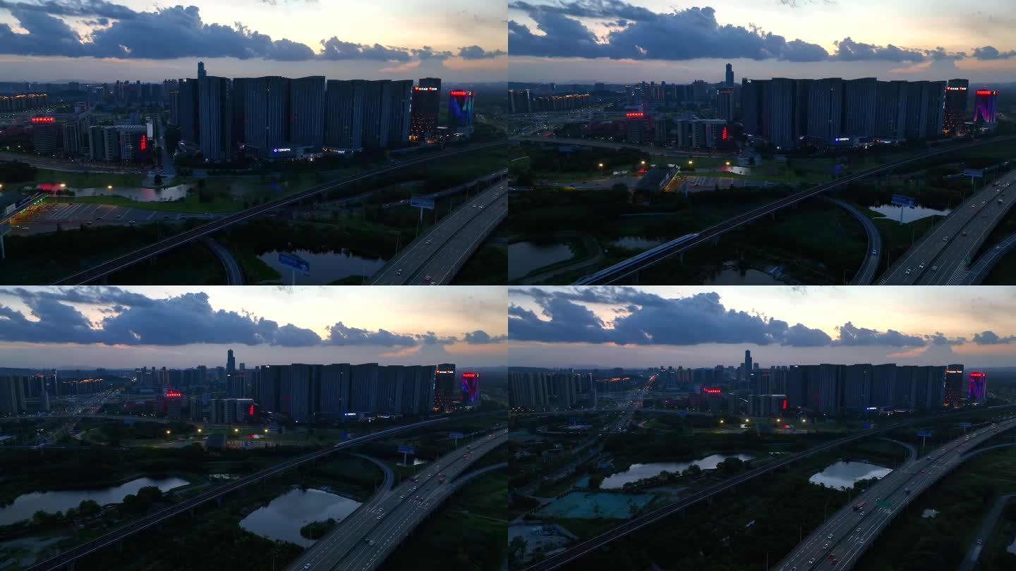 傍晚航拍顺德广珠西线高速车流城际铁路