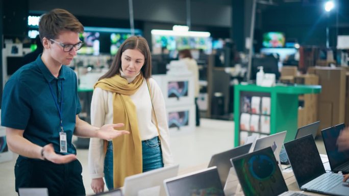顾客在选购电脑时与零售电子商店售货员交谈。女性追求强大而时尚的设备。购物者探索先进的笔记本电脑选择与