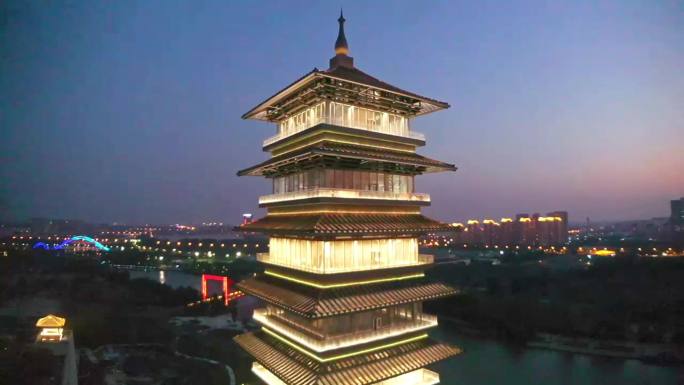 航拍中国大运河博物馆夕阳灯光夜景大运塔